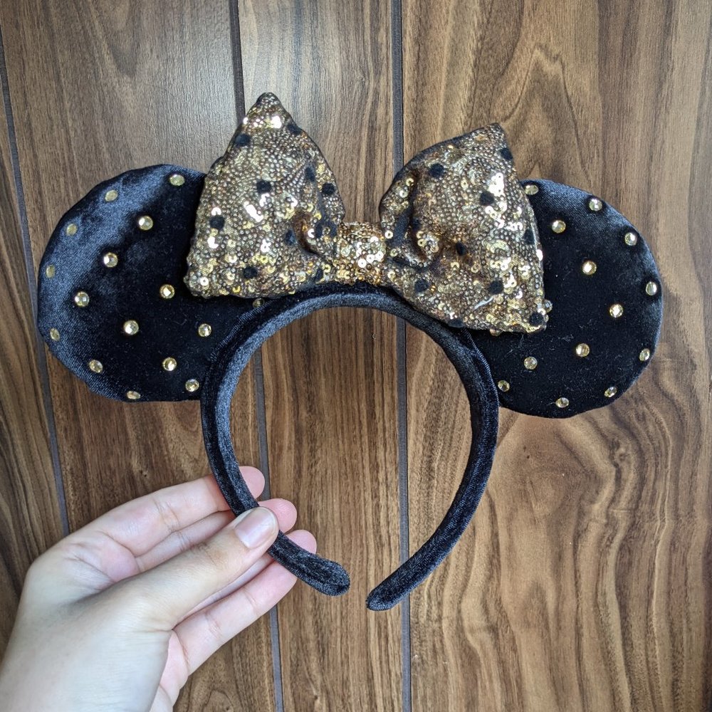 EUC Black & Gold Minnie Ears - Velvet with Rhinestones